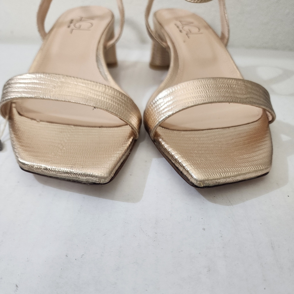 AGL Gold Metallic Block Heel Sandals Ankle Strap Designer Italy Size 10 - Picture 3 of 12